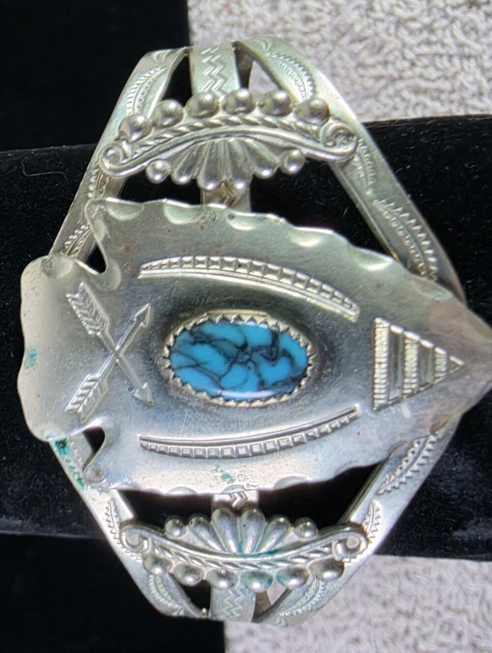 Vintage Nickel Silver Turquoise Shield Cuff Bracelet